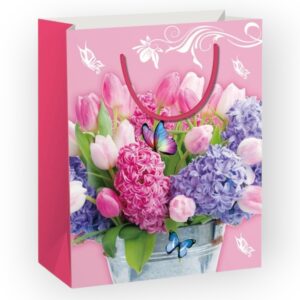 Tulipán, jácint és pillangó mintás, rózsaszín színű ajándék tasak.