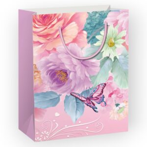 Pasztell rózsaszín alapon virág, pillangó mintás, zsinórfüles ajándék tasak